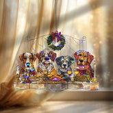 Christmas Dogs Acrylic Suncatcher, Stained Glass Style Holiday Window Hanging with Festive Dinner Scene, Pet Lover Christmas Decor